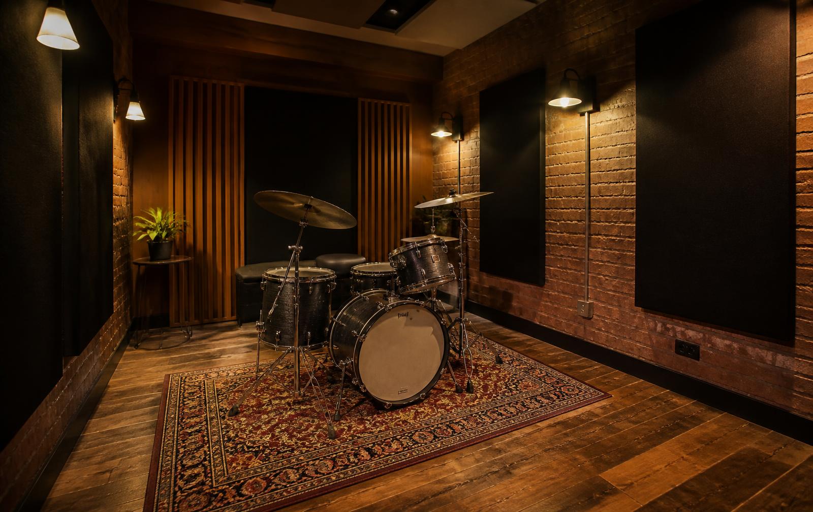Viva Music Academy teaching studio with a grand piano and drum kit